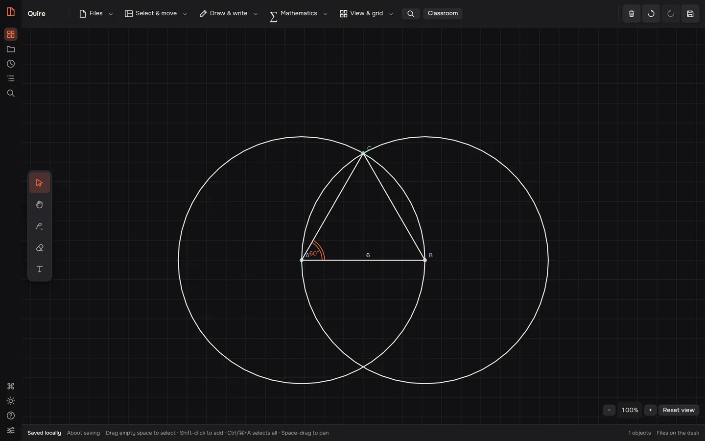 The Quire desk with a mathematics plane: points A, B and C, two circles and an equilateral triangle with a measured angle and side length.