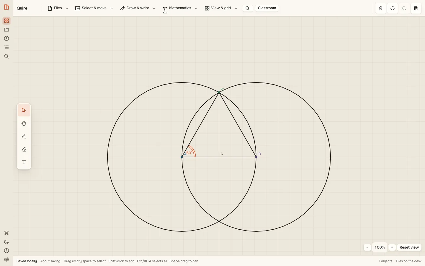 The Quire desk with a mathematics plane: points A, B and C, two circles and an equilateral triangle with a measured angle and side length.