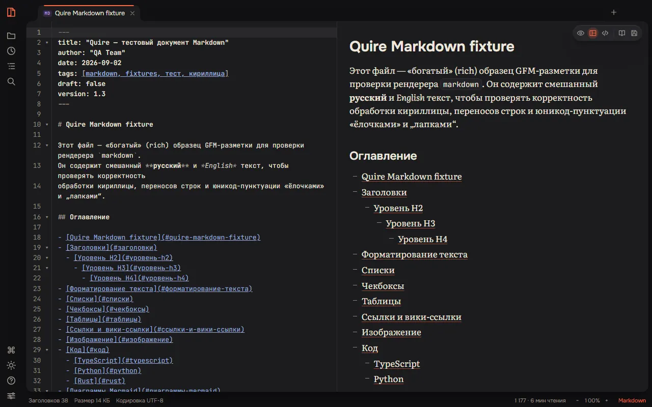 The Quire with two panels side by side: a Markdown document with its outline and a source code file.